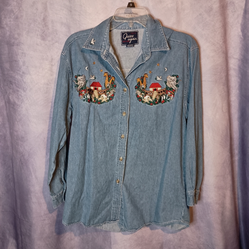Quizz Again Vintage Embroidered Noah's Ark Animal Denim Button Up Shirt